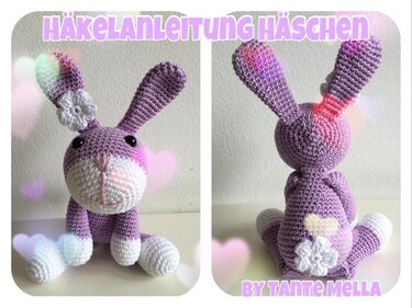 Vorder- und Rückansicht eines lila-weißen gehäkelten Amigurumi-Häschens mit Blütenapplikationen