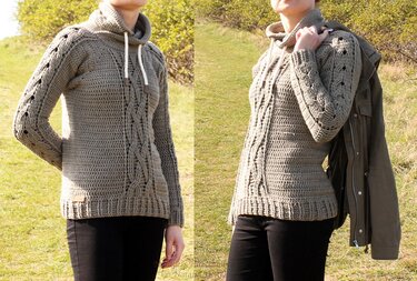 Hoodie with the cable braid pattern  (seamless, raglan), size: XS - XXL - Crochet