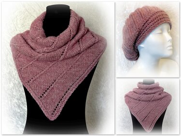 Triangular dusty rose knitted shawl draped on a black mannequin with a matching slouchy hat shown on a mannequin head