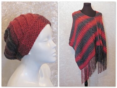 Rot-grauer diagonal gestreifter Poncho mit langen Fransen und passende rote Slouch-Mütze auf Schaufensterpuppe