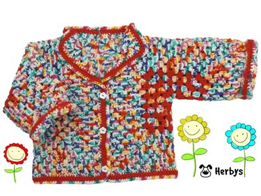 Mehrfarbige gehäkelte Babyjacke mit roter Einfassung und drei weißen Knöpfen