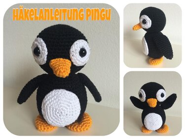 Vorder- und Seitenansichten eines gehäkelten Amigurumi-Pinguins in Schwarz, Weiß und Orange.