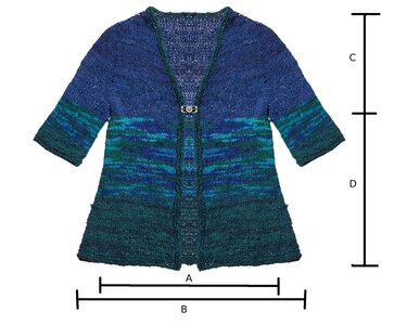Gestrickte Damenstrickjacke mit 3/4-Ärmeln und Blau‑Türkis‑Grün-Farbverlauf, Verschluss vorne