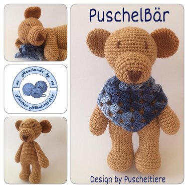 Gehäkelter brauner Amigurumi-Teddybär mit blauem Dreieckstuch, Frontansicht