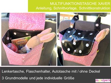 Rosa Autotasche mit schwarz-weiß gepunktetem Deckel an Kopfstütze, gefüllt mit Stofftier, Buch und Flasche