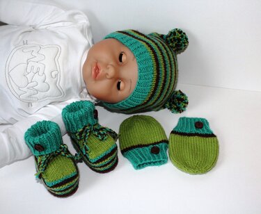 Strickanleitung Baby-Set "Leon", Mütze, Booties, Handschuhe, ca. 4 - 10 Monate