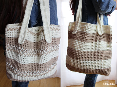 Gehäkelte Umhängetasche in Cremeweiß und Hellbraun mit breiten Streifen und Kreuzstich-Akzent