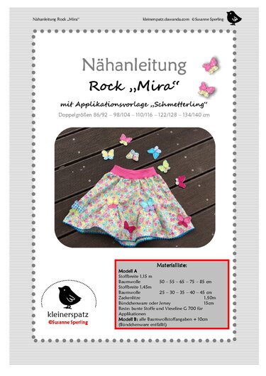 Titelblatt der Nähanleitung für den Kinderrock Mira mit bunten Schmetterlings-Applikationen