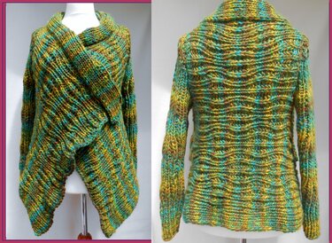 Vorder- und Rückansicht einer Damenstrickjacke aus mehrfarbigem Garn mit Wickelfront und Strukturmuster