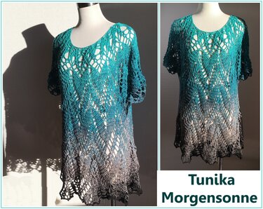 Gehäkelte Tunika „Morgensonne“ mit Blatt‑ und Wellen‑Ajourmuster in Türkis bis Schwarz auf Büste