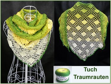 Gehäkeltes Dreieckstuch in Grün, Gelb und Creme mit Rautenmuster, auf einer Schneiderpuppe drapiert.