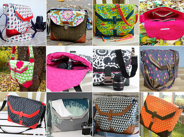 Moodboard farbenfroher Umhängetaschen mit Klappen, Mustern und Materialapplikationen