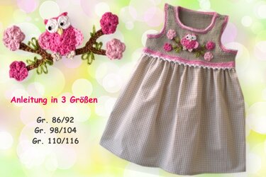Kinderkleid mit gestricktem Oberteil, gehäkelter Eulen-Applikation und kariertem Rock, Größen 86–116