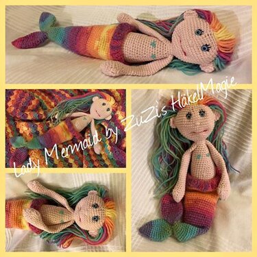 Vier Detailansichten einer gehäkelten Meerjungfrau-Amigurumi mit Farbübergängen im Schwanz und Gesichtszügen
