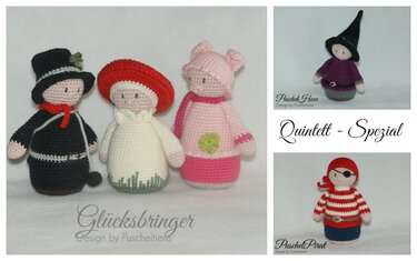 Fünf gehäkelte Amigurumi-Glücksbringer: Schornsteinfeger, Fliegenpilz, Schweinchen, Hexe, Pirat