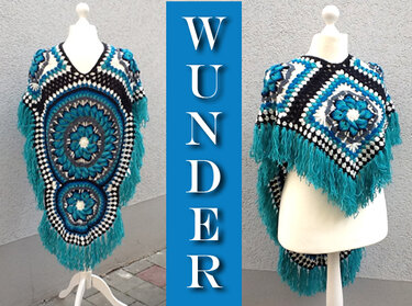 Zwei Ansichten eines gehäkelten Boho-Ponchos mit großen Mandala-Kreisen und langen Fransen