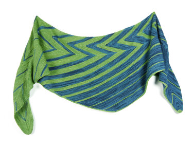 Asymmetrical green and blue chevron knit shawl laid flat