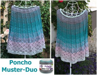 Gestrickter Damenponcho in Türkis bis Rosa mit Zopfmuster und Ajourspitze auf weißer Kleiderbüste