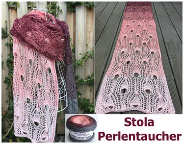 Gestrickte Stola mit Perlentaucher‑Lochmuster und rosa bis dunklem Farbverlauf, drapiert an einer Schneiderpuppe und flach ausgelegt