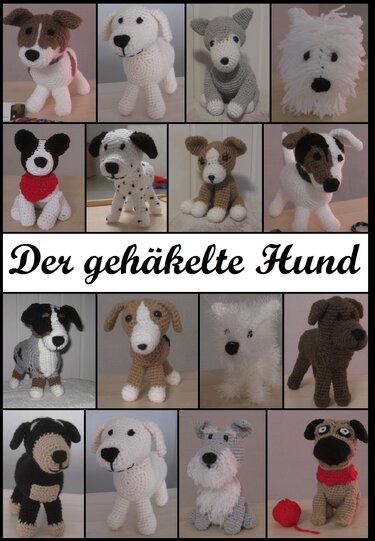 Collage mehrerer gehäkelter Amigurumi‑Hunde mit verschiedenen Garntexturen, Silhouetten und Kopf‑/Ohrenformen