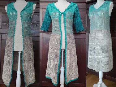 Gehäkelte Longweste mit Kapuze, Kurzmantel mit 3/4-Ärmeln und ärmelloses Kleid in Türkis‑Beige