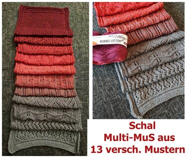 Gestrickter Schal in Rot‑Grau mit mehreren Mustern
