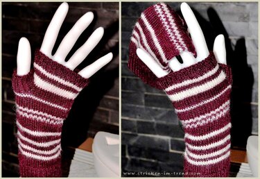 Fingerlose gestrickte Handschuhe bordeaux-weiß gestreift auf Mannequin-Hand