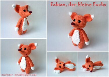 Gehäkelter Fuchs Amigurumi in Orange und Weiß, verschiedene Ansichten auf hellem Hintergrund