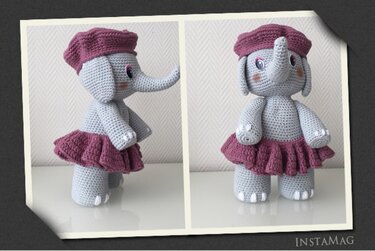 Gehäkelter grauer Amigurumi-Elefant mit lila Baskenmütze und Rüschenrock, Vorder- und Seitenansicht