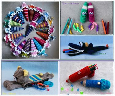 Bunte handgehäkelte Schultüten, tierische Federmäppchen und Bleistifthüllen