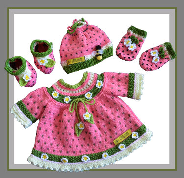 Watermelon Baby Dress/Jacket, Booties, Bonnet and Mittens set - Knitting