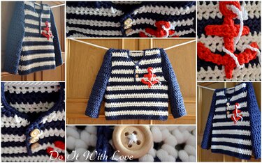 Gehäkelter gestreifter Baby-Pullover blau-weiß mit rotem Anker und Holzknöpfen