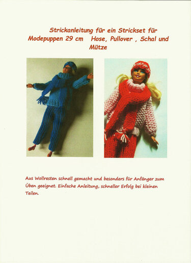 Anleitungsblatt und Fotos eines Stricksets für 29-cm-Modepuppen