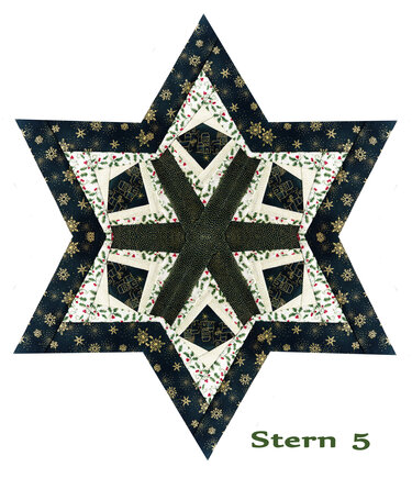 Patchwork-Stern mit dunkelblauen, goldverzierten Stoffen, weißen Beerenstreifen und grünen Zwickeln