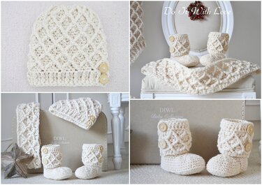 Häkelanleitung E-Book Baby Mütze, Loop, Schuhe Set Diamond