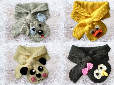 Vier gestrickte Halstücher für Kinder mit Hund-, Enten-, Panda- und Pinguinmotiv auf hellem Untergrund