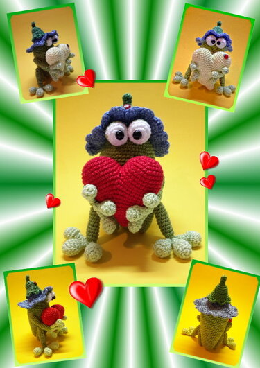 Gehäkelter Amigurumi-Frosch mit blauer Mütze, der ein rotes Herz hält; Collage vor gelbem Hintergrund
