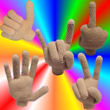 Five beige crocheted amigurumi hands showing thumbs up, peace sign, open palm, rock-on, and a raised middle finger on a colorful rainbow background.