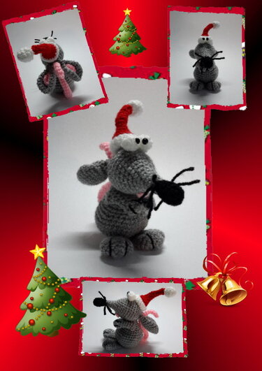 Gehäkelte graue Maus mit roter Zipfelmütze, Vorder- und Seitenansichten