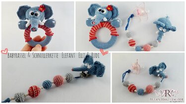 knuffiges Sparpaket! Babyrassel & Schnullerkette Elefanten Elli & Rudi