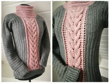 Gehäkelter Damenpullover grau und rosa mit Zopfmuster und Rollkragen