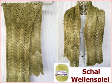 Olivgrüner Ajour-Schal mit Wellen-Ajourmuster, drapiert an einer Schneiderbüste