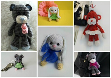 Collage aus sechs gehäkelten Amigurumi-Tieren (Bär, Hasen, Maus, Äffchen), teils als Schlüsselanhänger.
