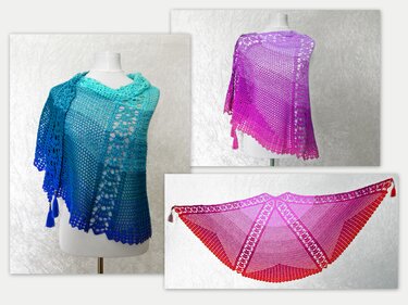 Three crochet lace shawls in ombre colors (blue-teal, purple-magenta, red-pink) with tassels, shown on mannequins and as a flat lay.
