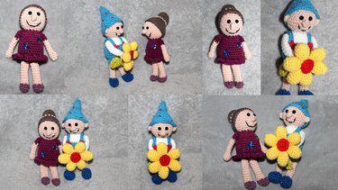 Zwei gehäkelte Anhänger: Mädchen in violettem Kleid und Zwerg mit blauem Hut und gelber Blume