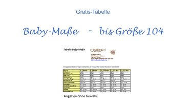 Gratis-Tabelle Baby-Maße bis Kleidergröße 104 - Stricken