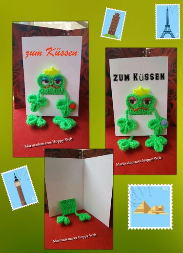 Gehäkelte grüne Froschprinz-Applikation mit gelber Krone und großen Augen auf einer Grußkarte mit dem Text ‚zum Küssen‘.