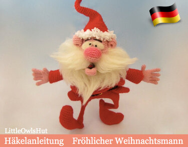 Gehäkelte Weihnachtsmann-Puppe mit Bart, Zipfelmütze und ausgestreckten Armen
