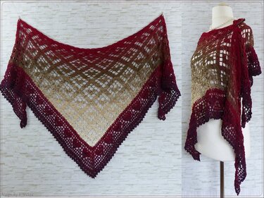 Ombre triangle crochet shawl in burgundy to beige with lacy diamond pattern, on dress form and flat