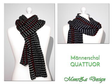 Gehäkelter Herrenschal in Schwarz mit weißen und roten Punkten auf einer Mannequin‑Büste